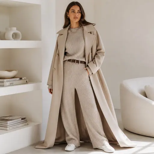 Everyday Street Style Outfit Ideas: The 2026 Practical Luxury Guide The Comfort-Luxe Monochrome Grid (Knit Set + Tailored Trench)
