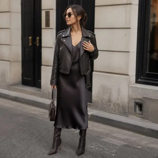 Pinterest-Worthy Street Style Ideas: The best 2026 Visual Masterclass The Soft-Grit Illusion (Monochrome Silk Midi + Cropped Leather)