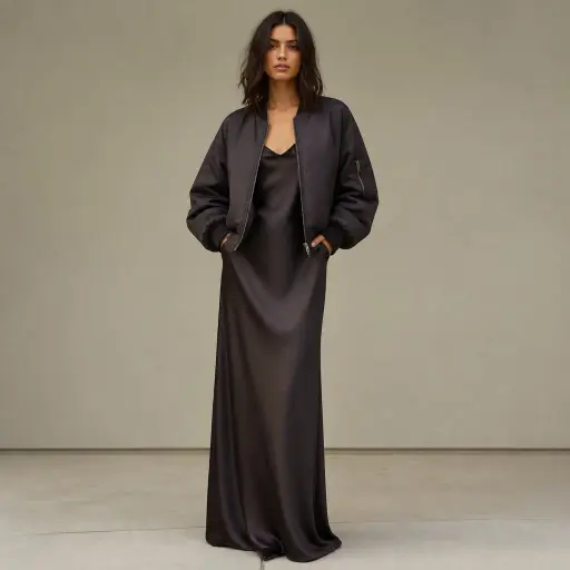 Street Style Looks for Tall Women: Mastering Proportions in 2026 The Soft-Grit Column (Monochrome Maxi Slip + Cropped Bomber)