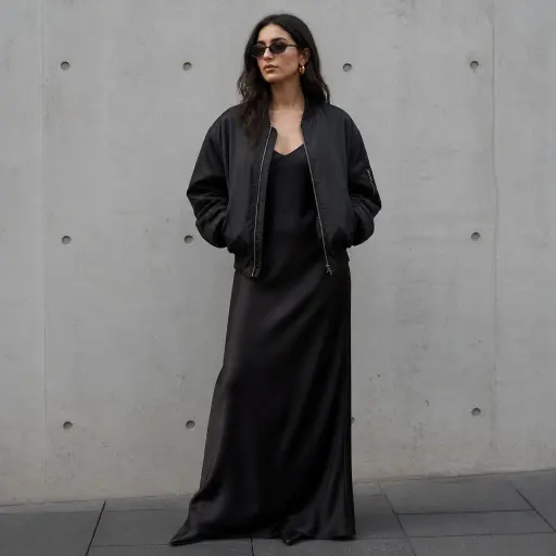 Street Style Looks for Tall Women: Mastering Proportions in 2026 The Soft-Grit Column (Monochrome Maxi Slip + Cropped Bomber)