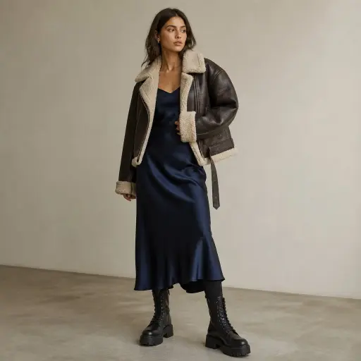 The Soft-Grit Paradox (Heavy Shearling + Liquid Silk Midi)