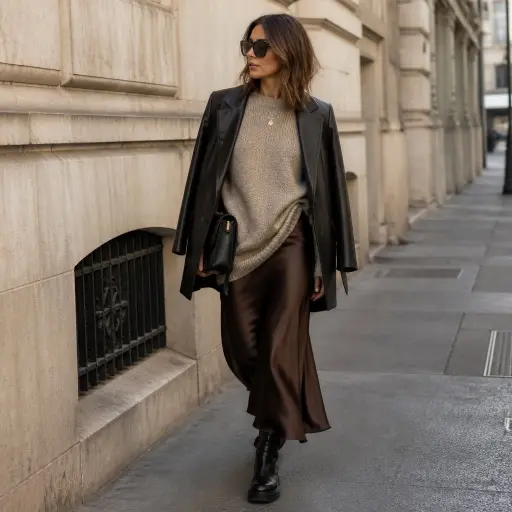The Soft-Grit Paradox (Liquid Silk + Chunky Knit + Leather Blazer)