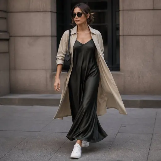 Effortless Street Style Outfits: The Masterclass in Quiet Luxury 3. The Matte Silk and Retro Sneaker Matrix