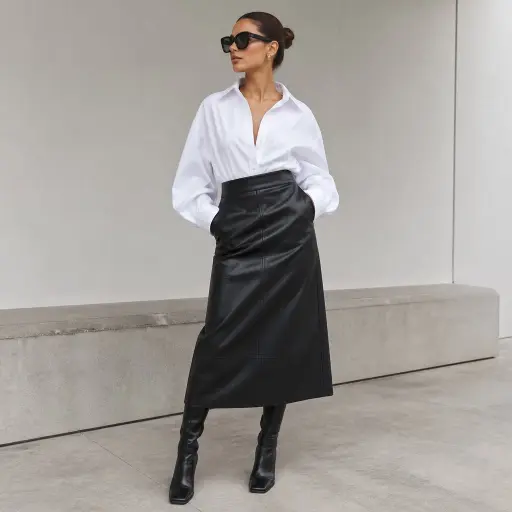 20 Chic Looks Women Can Wear Anytime: The Ultimate Minimalist Blueprint 17. The Structured Poplin Blouse & Leather Skirt