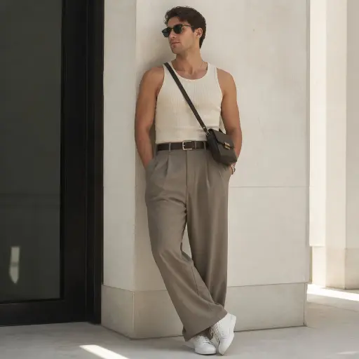 20 Chic Looks Women Can Wear Anytime: The Ultimate Minimalist Blueprint 15. The Dense Ribbed Tank & Suiting Trousers