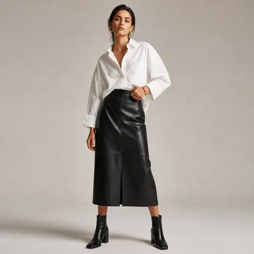 9. The Crisp Button-Down & Leather Midi Statement