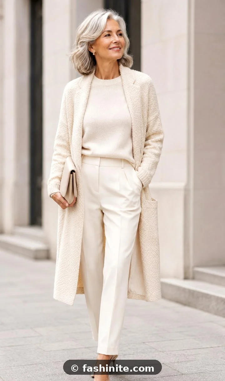 Elegant woman over 60 in an ivory monochrome outfit