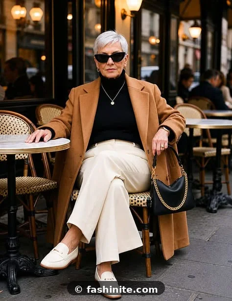 Fashion for Women Over 60 That Looks Elegant Chic comfortable white loafers styled with cream trousers and a camel coat