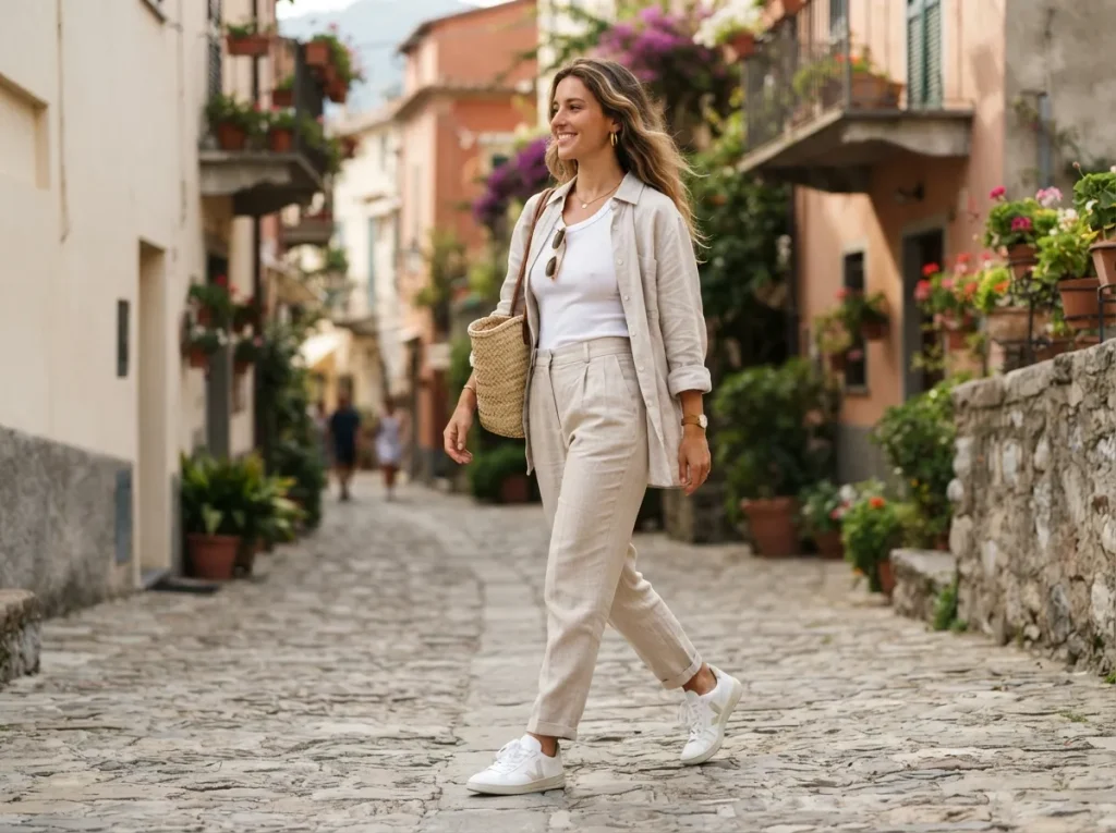 White Sneakers and Linen Pants