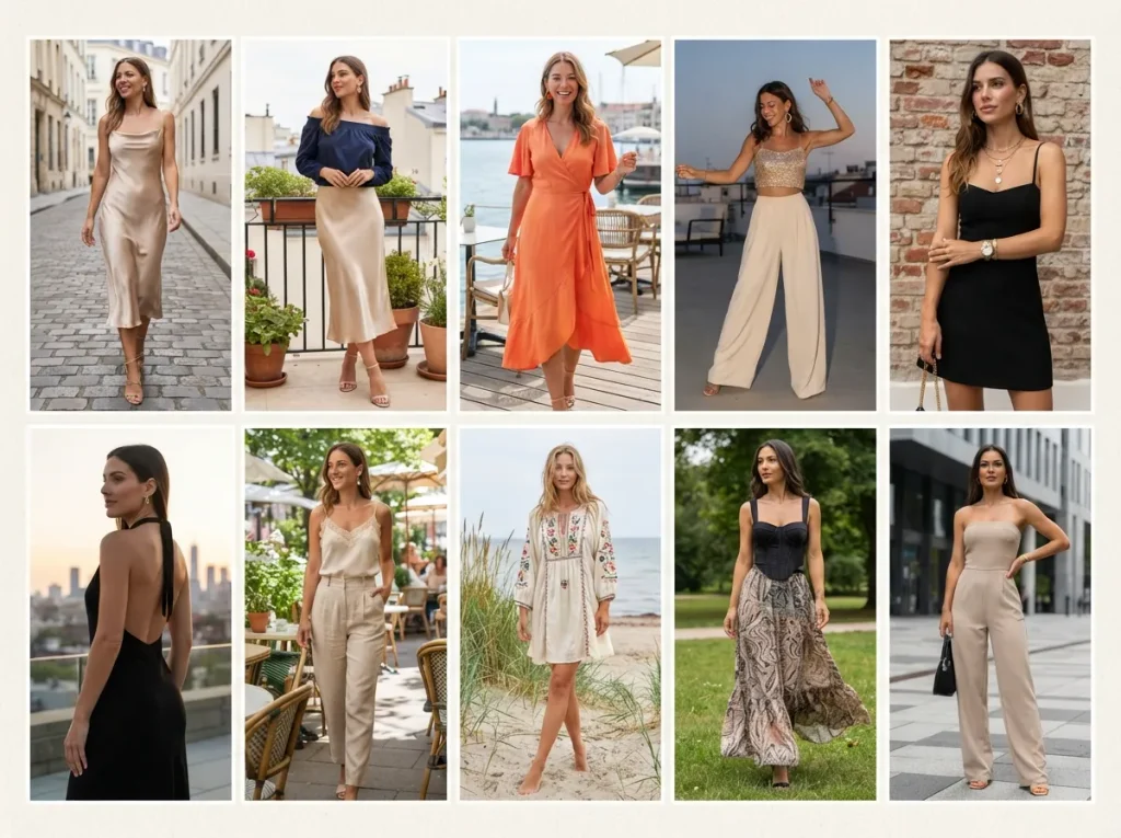 40 Summer Vacation Outfit Ideas for Women in 2026 A satin midi dress with strappy sandals.
An off-the-shoulder top tucked into a silk skirt.
A wrap dress in a bold color like sunset orange.
Wide-leg palazzo pants with a sparkly crop top.
A black mini dress with gold jewelry accents.
A backless halter top dress.
A lace-trimmed camisole with high-waisted linen trousers.
An embroidered tunic dress for a bohemian feel.
A maxi skirt paired with a corset-style top.
Strapless jumpsuit in a neutral beige tone.