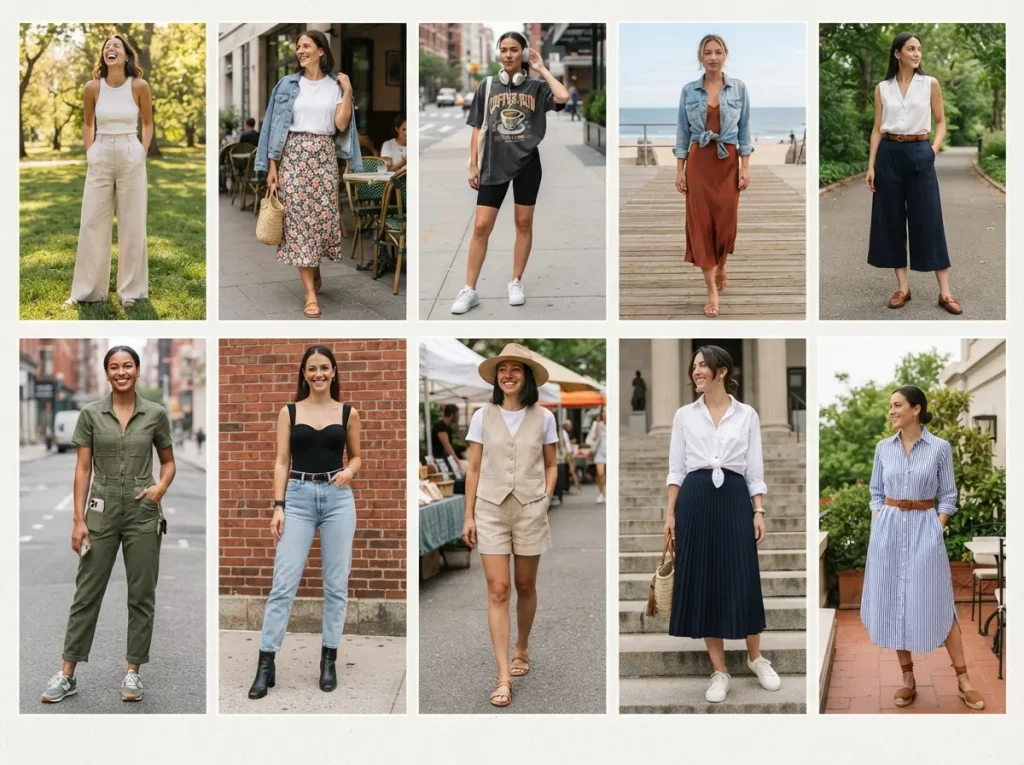 40 Summer Vacation Outfit Ideas for Women in 2026 Wide-leg linen trousers with a fitted ribbed tank top.
A midi skirt in a floral print paired with a plain white tee.
Bike shorts combined with an oversized graphic t-shirt.
A slip dress worn with a lightweight denim jacket tied at the waist.
Culottes matched with a sleeveless blouse.
A shirt dress with a belt to define your waist.
Light wash mom jeans with a sweetheart neckline top.
A matching linen short and vest set.
White canvas sneakers with a tea-length pleated skirt.
A jumpsuit with pockets for your phone and keys.