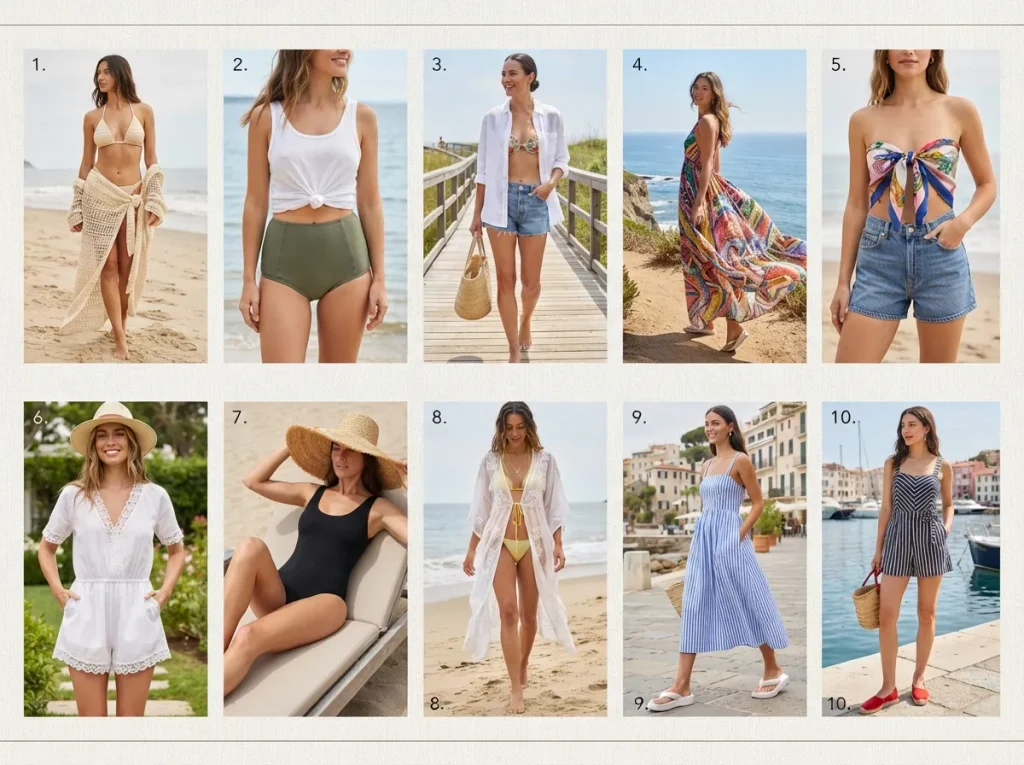 40 Summer Vacation Outfit Ideas for Women in 2026 A crochet bikini paired with a matching oversized sarong.
High-waisted swim shorts with a knotted front tank top.
A breezy linen button-down shirt worn open over your swimsuit.
A colorful maxi dress that flows in the wind.
Classic denim shorts with a fun, printed scarf top.
A white cotton romper that feels like pajamas but looks dressy.
A wide-brim hat with a simple ribbed one-piece suit.
A sheer kaftan that shows off your bikini underneath.
Platform flip-flops with a sundress.
A striped playsuit for a nautical vibe.
