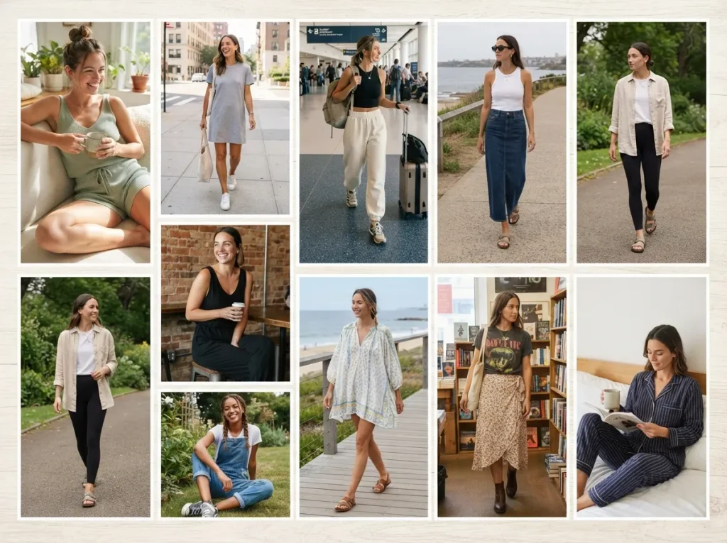 40 Summer Vacation Outfit Ideas for Women in 2026 Matching knit shorts and tank set in a soft pastel color.
A soft cotton t-shirt dress.
Oversized joggers with a fitted crop top for the plane.
A long denim skirt with a basic tank.
Leggings paired with a long, unbuttoned linen shirt.
A jersey knit jumpsuit that feels like soft fabric.
Denim overalls worn with one strap down for a casual look.
A loose, flowy tunic paired with comfy sandals.
A simple wrap skirt with a tucked-in graphic tee.
Cotton pajamas that double as lounge wear for the morning.