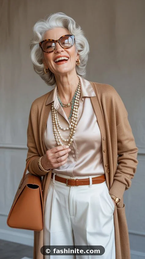 Spring layering with a camel cardigan over a silk blouse and pearls