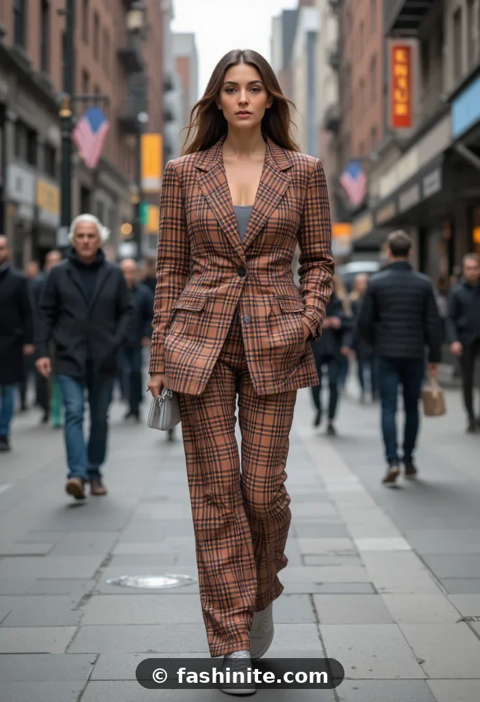 Top Outfits From the Streets of London Fashion Week Bold rust-brown plaid suit styled for London Fashion Week street style