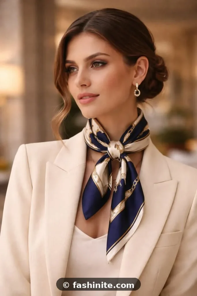 Fashion for Women Over 60 That Looks Elegant Silk scarf elegantly knotted at the neck over a blazer