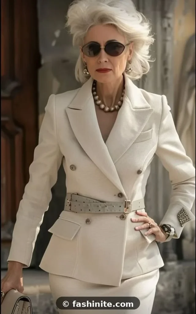 Timeless belted white blazer suit with pearl necklace