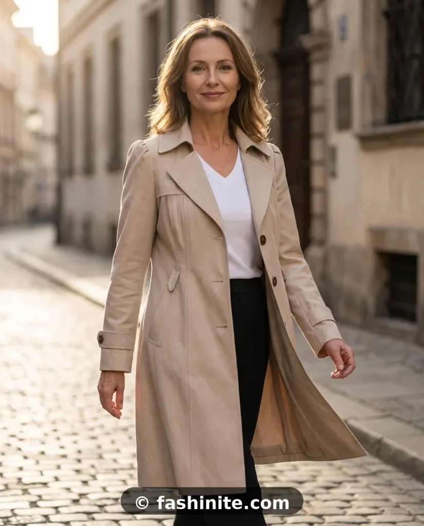 Fashion for Women Over 60 That Looks Elegant Elegant older woman wearing a classic beige trench coat