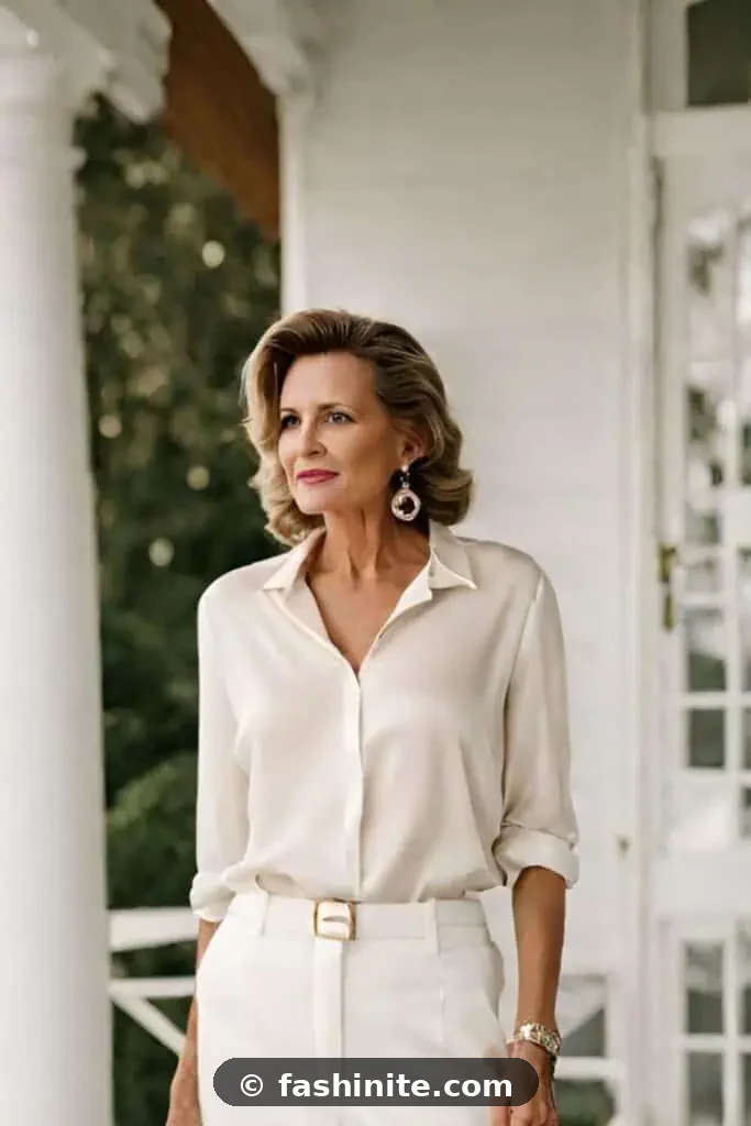 Fashion for Women Over 60 That Looks Elegant Woman over 60 wearing a crisp white shirt with white trousers