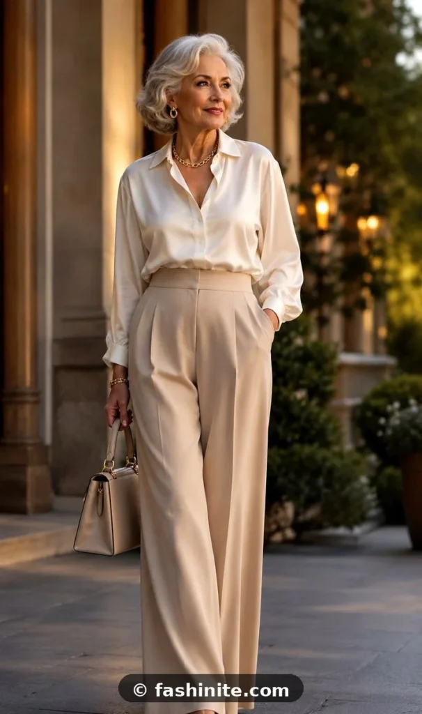 Fashion for Women Over 60 That Looks Elegant Mature woman styling high-waist wide-leg trousers with a silk blouse