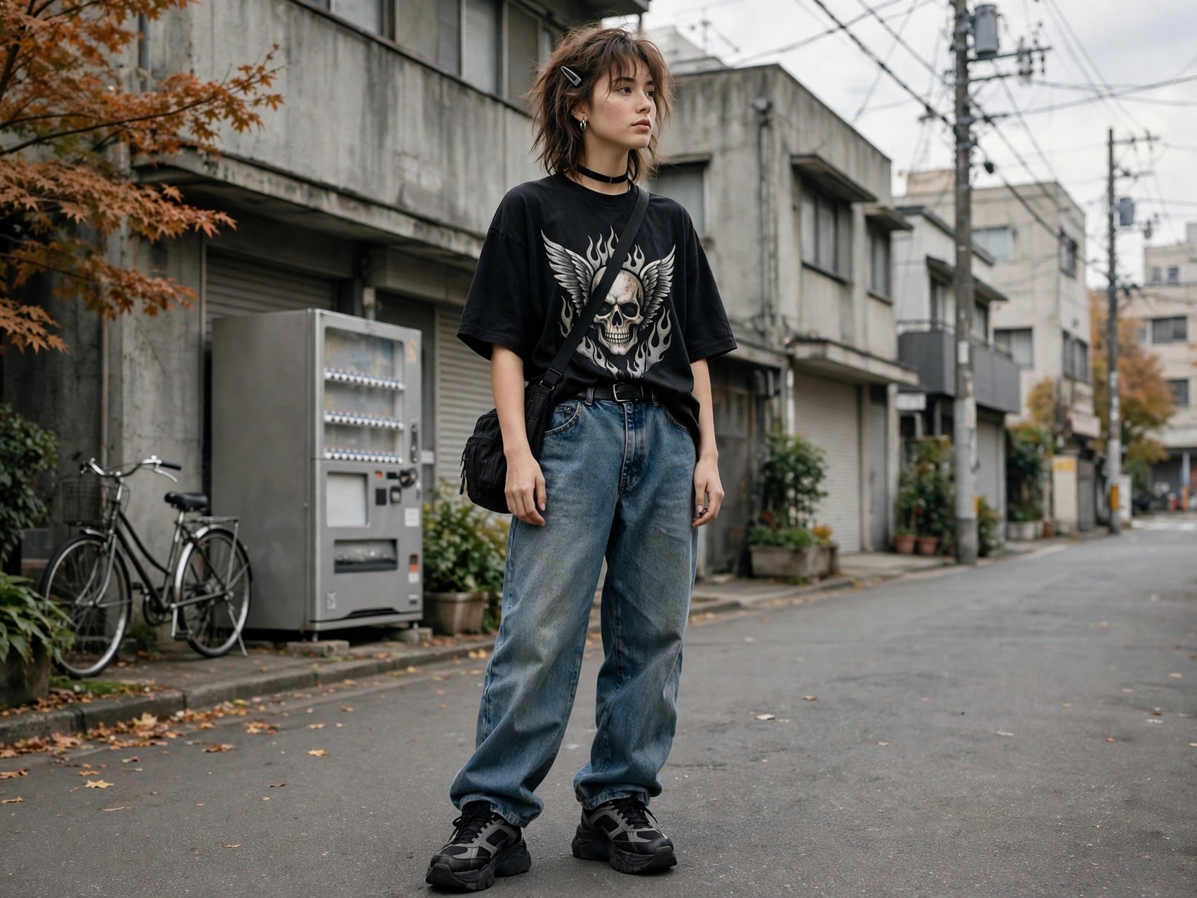 Woman wearing 90s Japanese fashion — vintage retro street style look