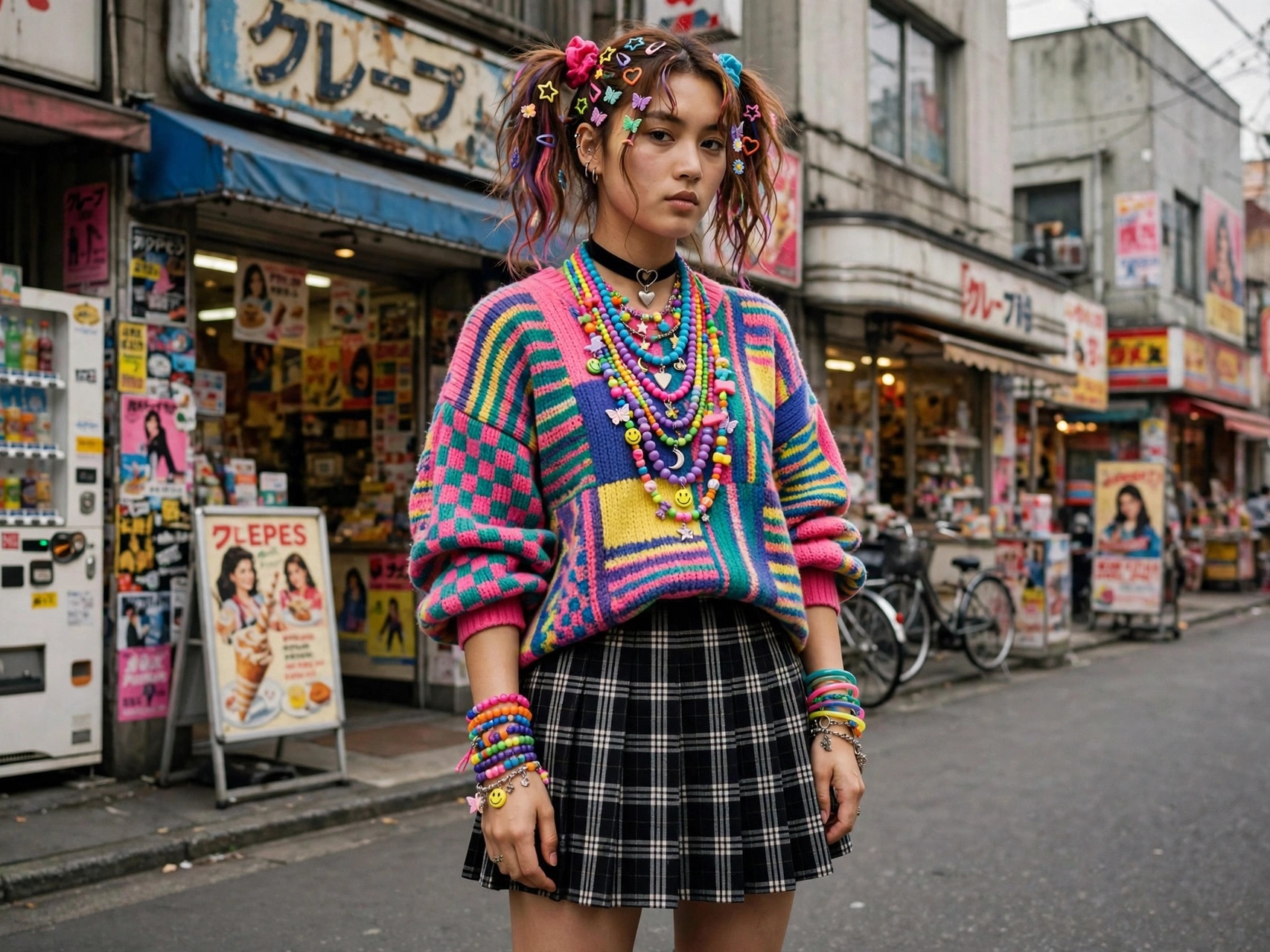 90s Harajuku inspired throwback look — platform boots and mini skirt vintage Japanese fashion