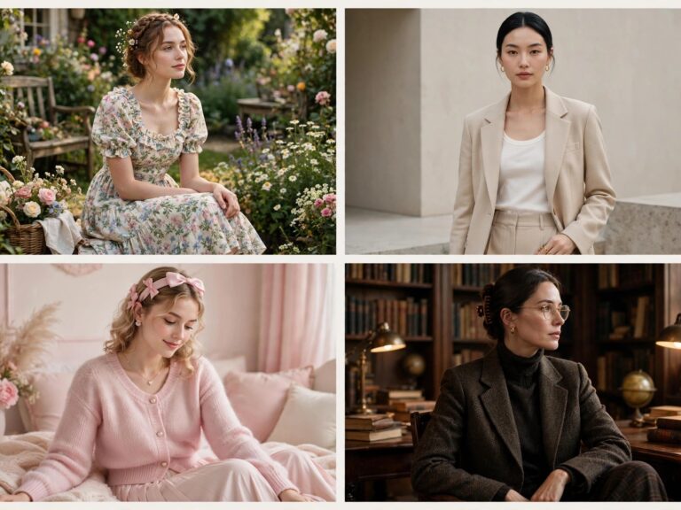 Collage of aesthetic fashion styles every woman should know — cottagecore, minimalist, soft girl and dark academia looks