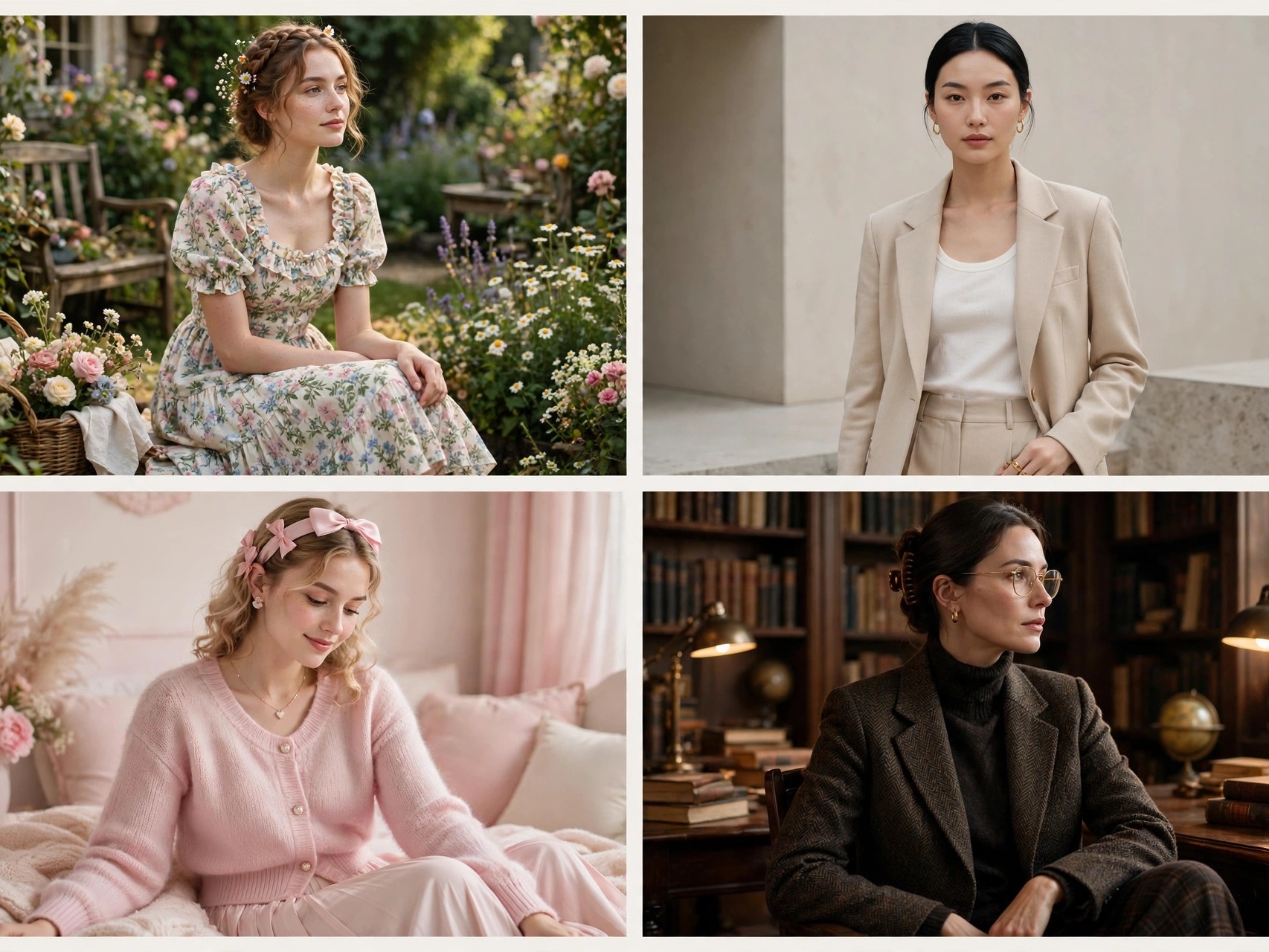 Collage of aesthetic fashion styles every woman should know — cottagecore, minimalist, soft girl and dark academia looks