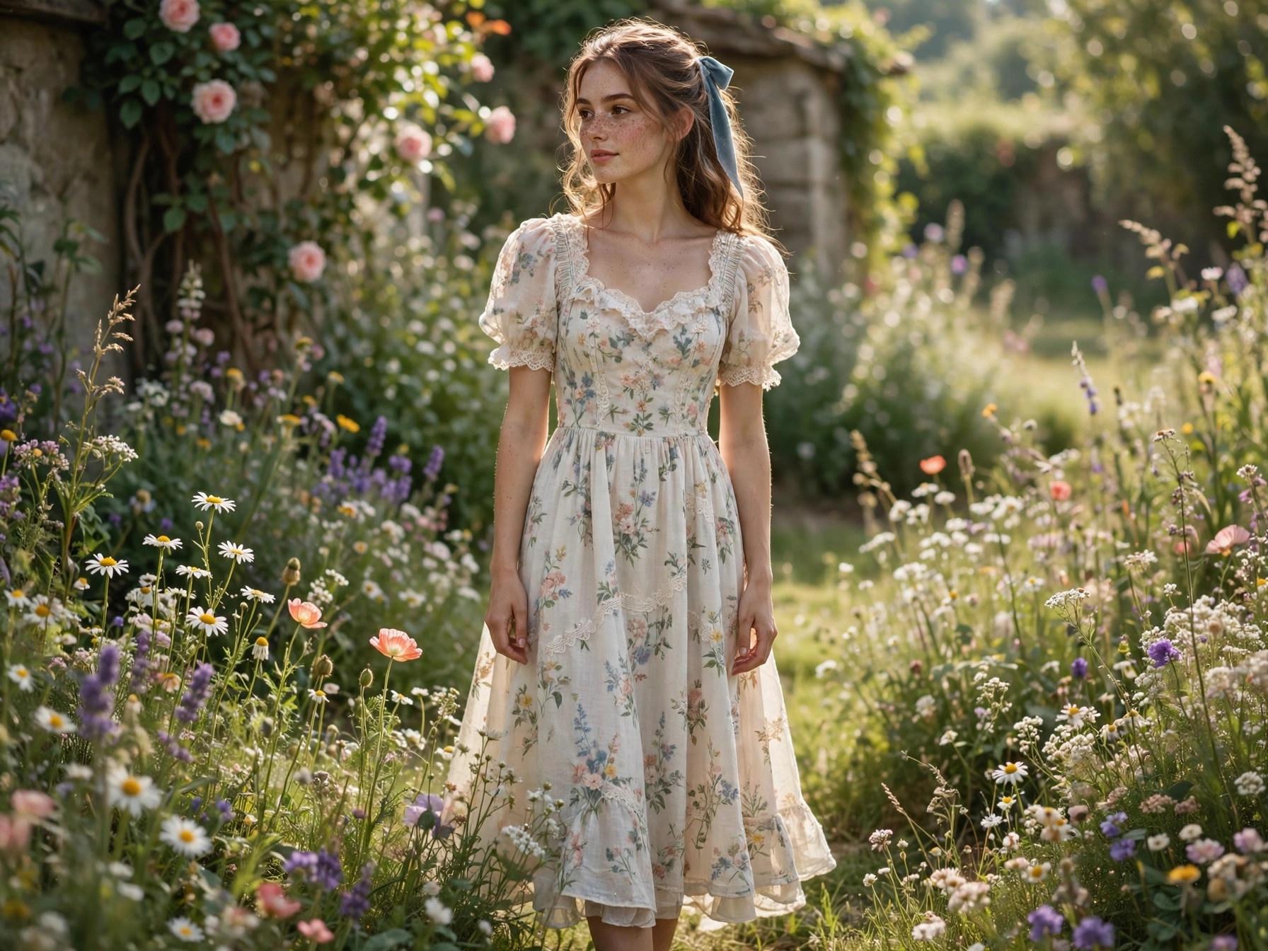 Woman wearing a cottagecore floral midi dress in a sunlit garden — soft aesthetic fashion style