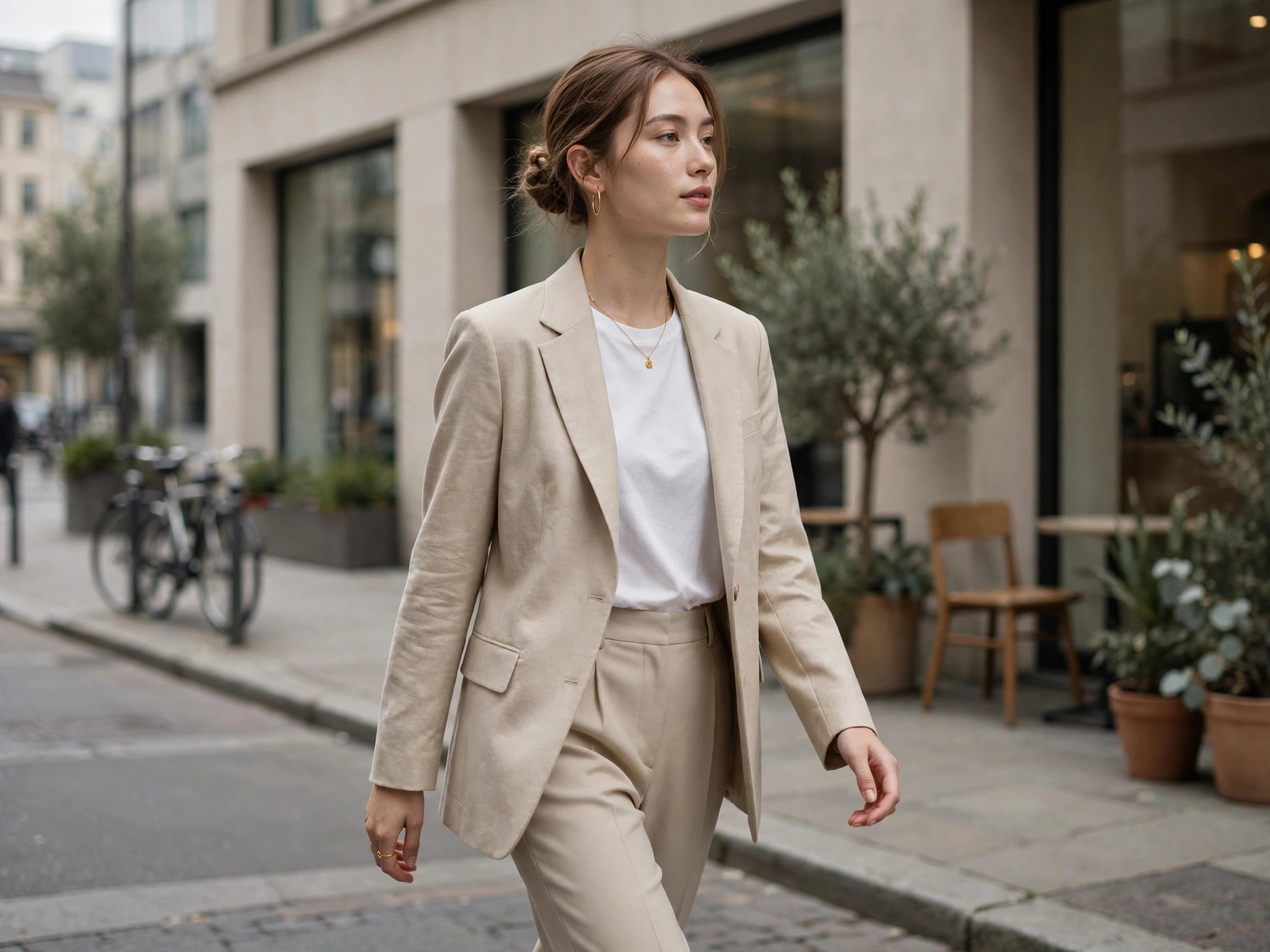 Woman in a minimalist clean girl aesthetic outfit with beige blazer and tailored trousers on a city street
