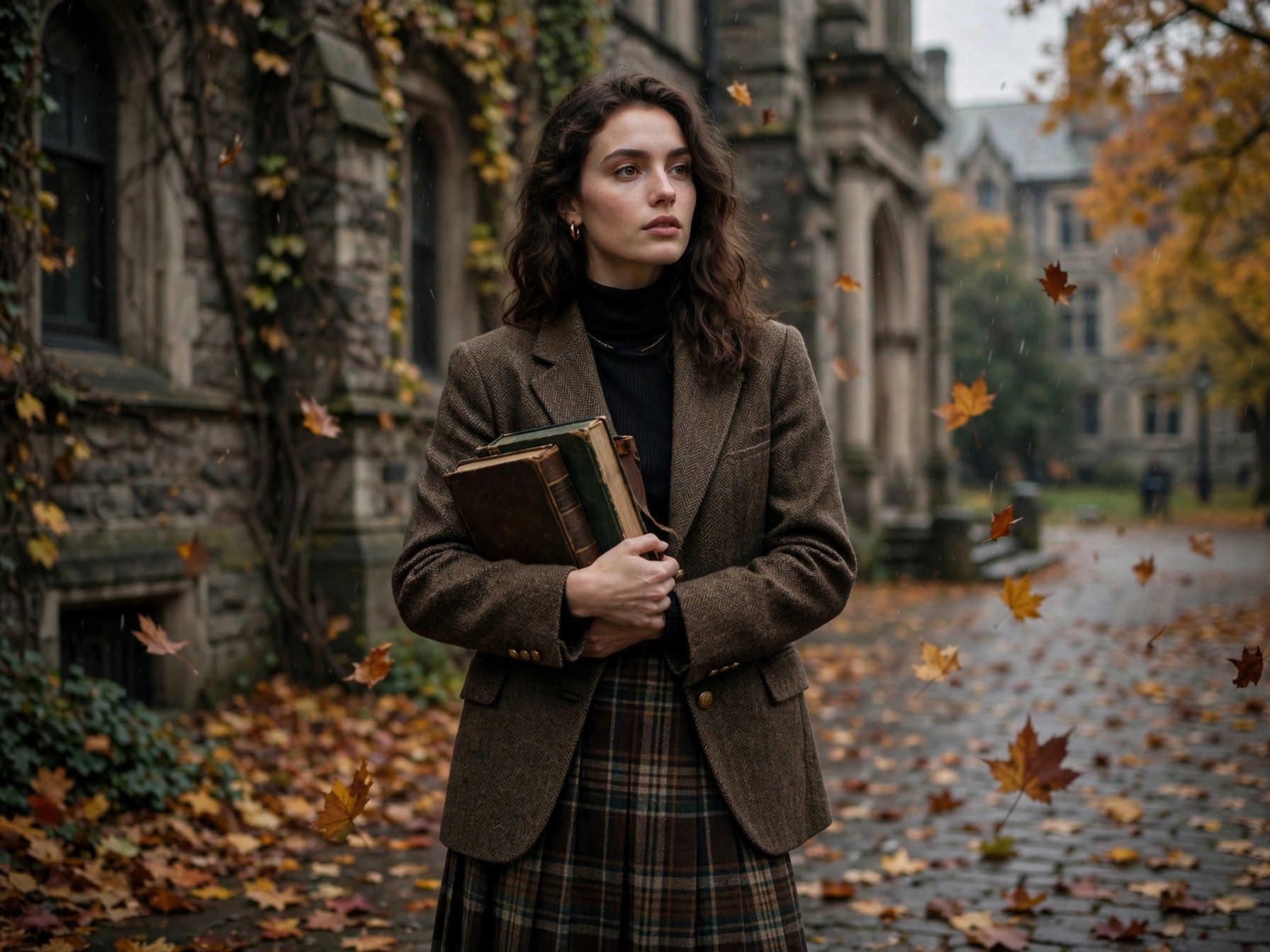 Woman in a dark academia aesthetic outfit with tweed blazer and plaid skirt on an autumn campus