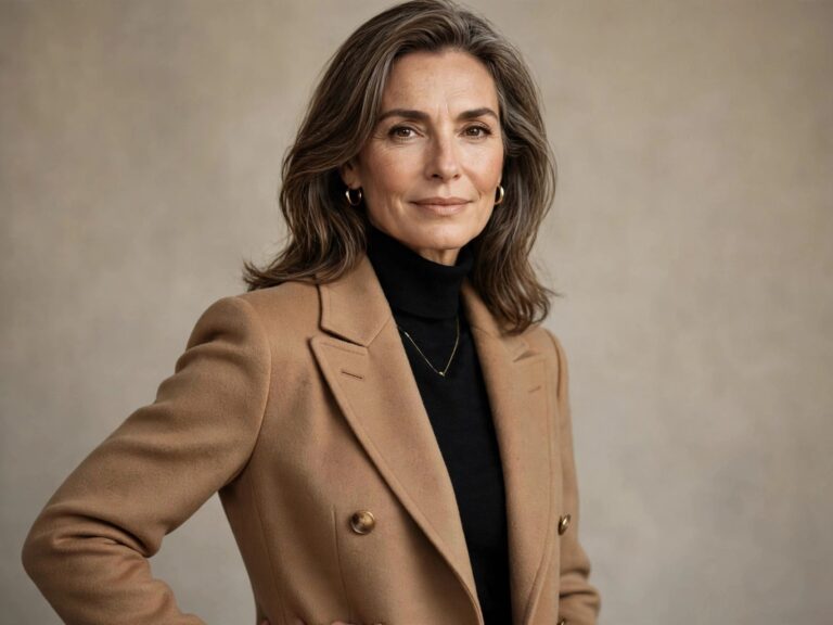 Elegant woman in her 50s wearing a tailored camel coat — best fashion ideas for 50-year-old women