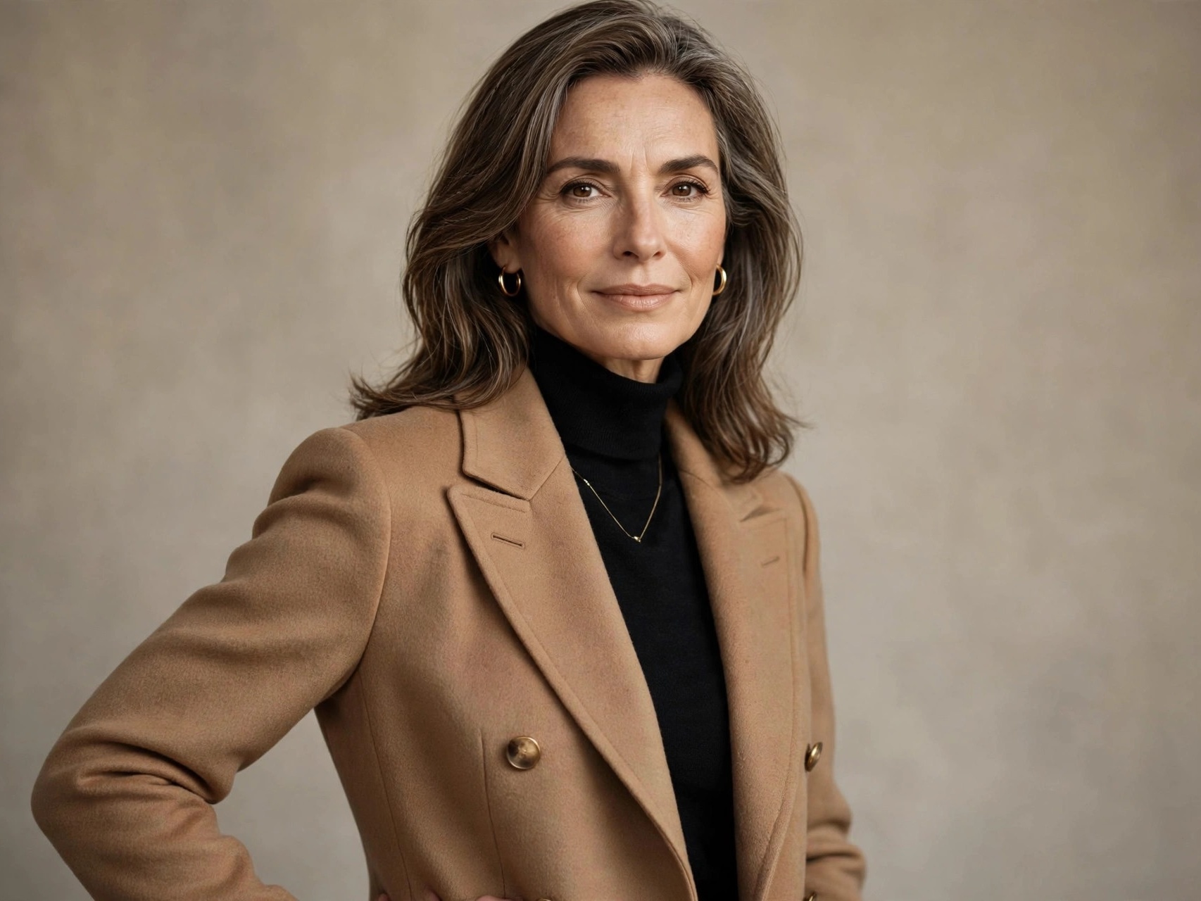 Elegant woman in her 50s wearing a tailored camel coat — best fashion ideas for 50-year-old women