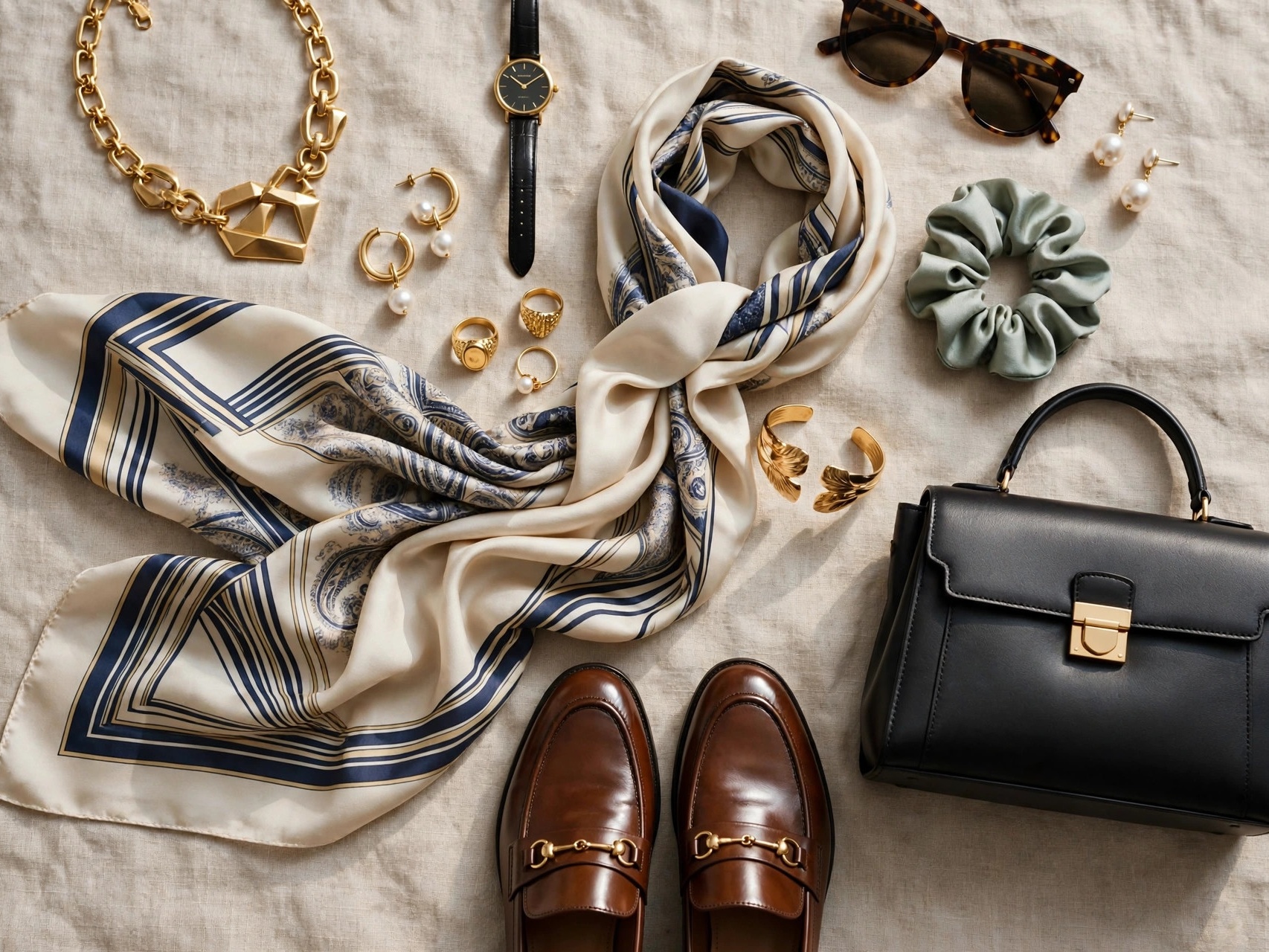 Modern styling details for women over 50: statement jewelry, structured handbag and polished loafers