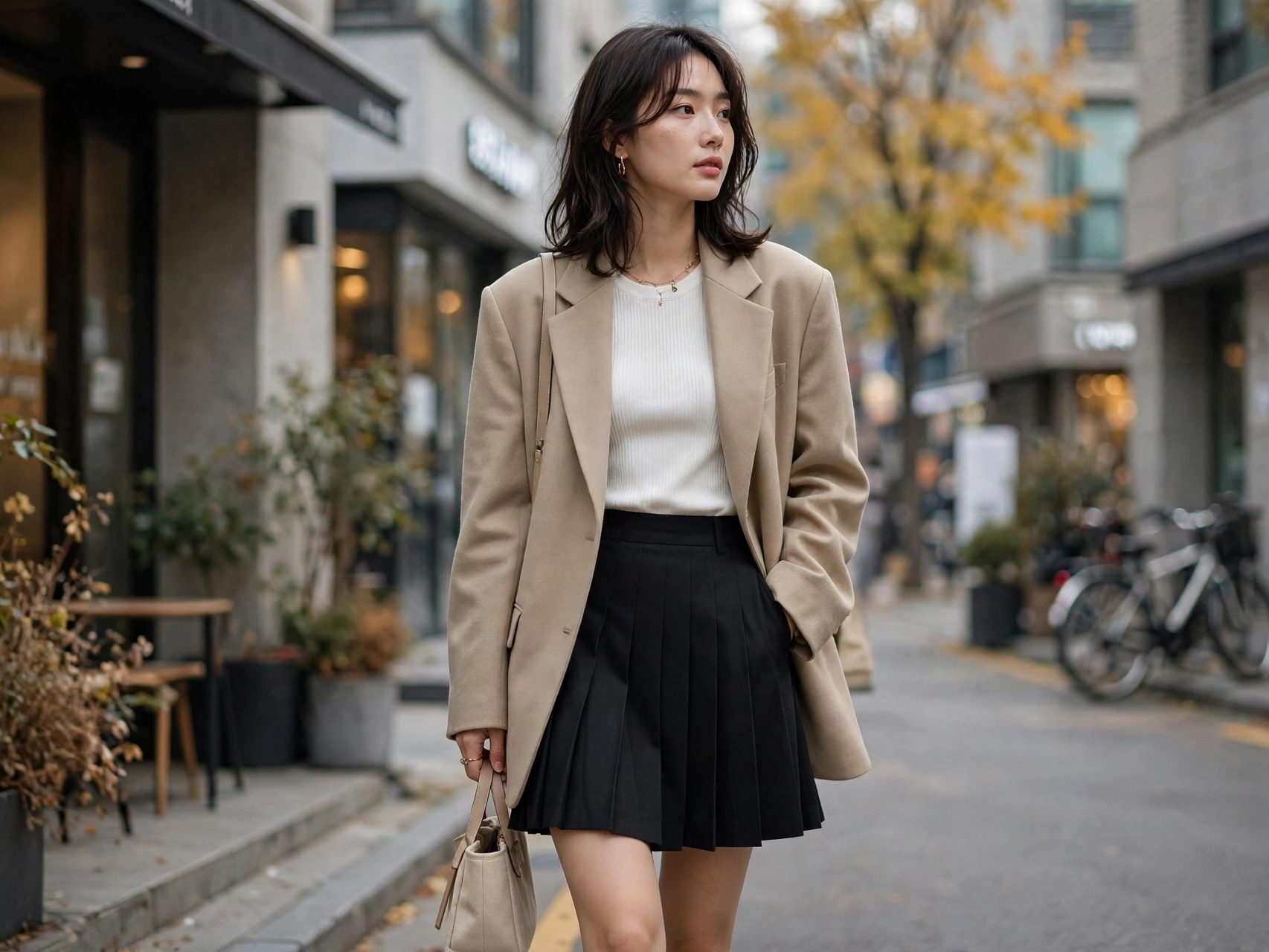 Best Korean fashion outfit ideas for women — K-fashion street style with oversized blazer and pleated skirt looks
