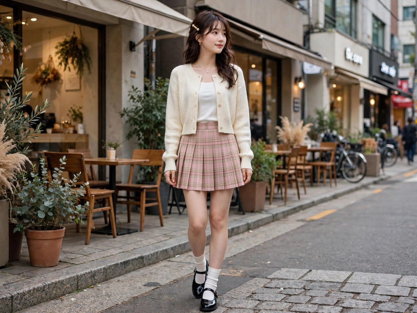 Pleated skirt Korean fashion look — feminine K-fashion outfit with cardigan and Mary Janes