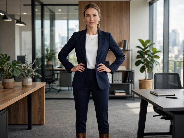 Professional woman wearing a tailored navy blazer at work — best women's blazers for work