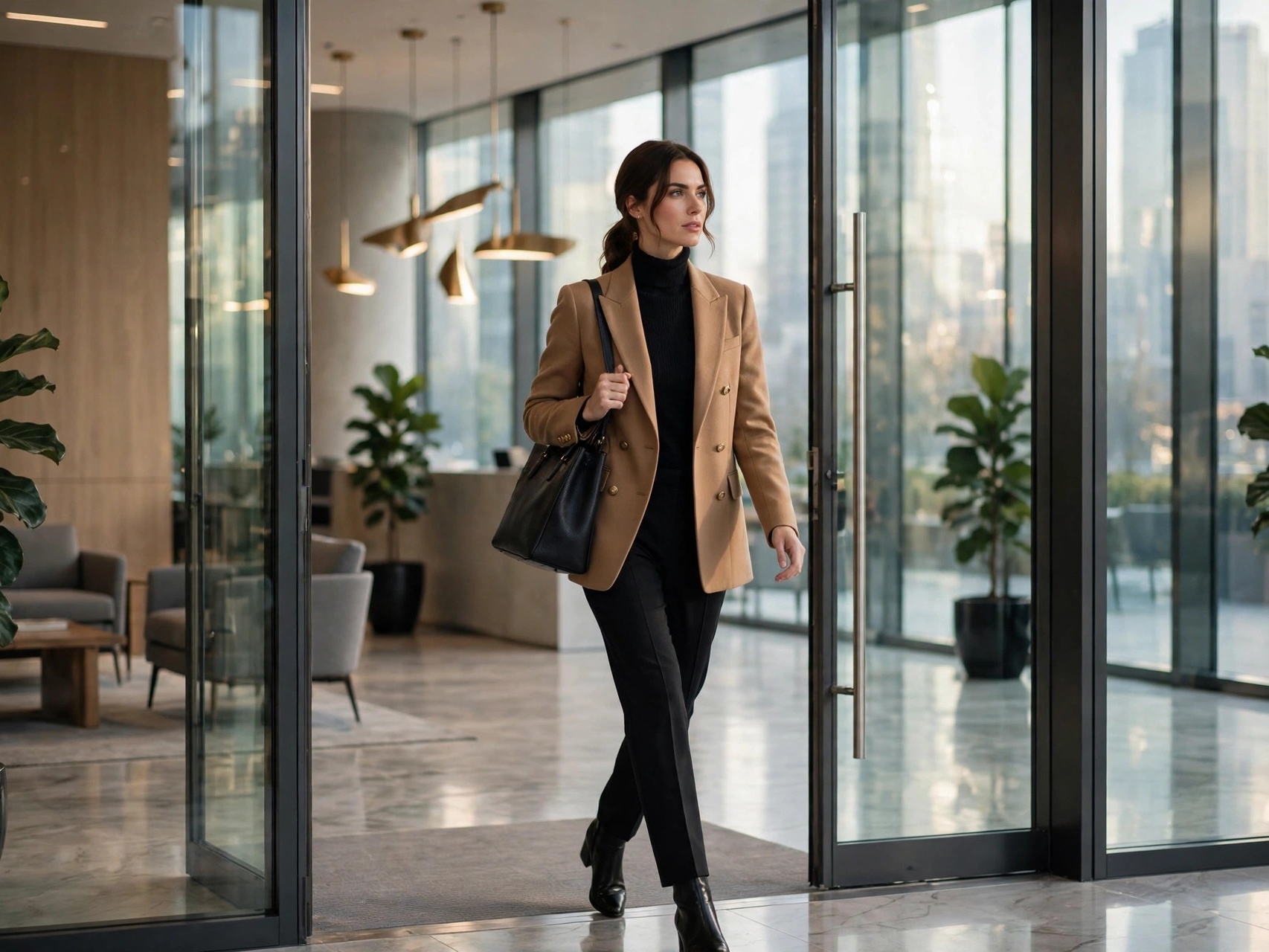 Businesswoman in a chic tailored blazer walking into a modern office building