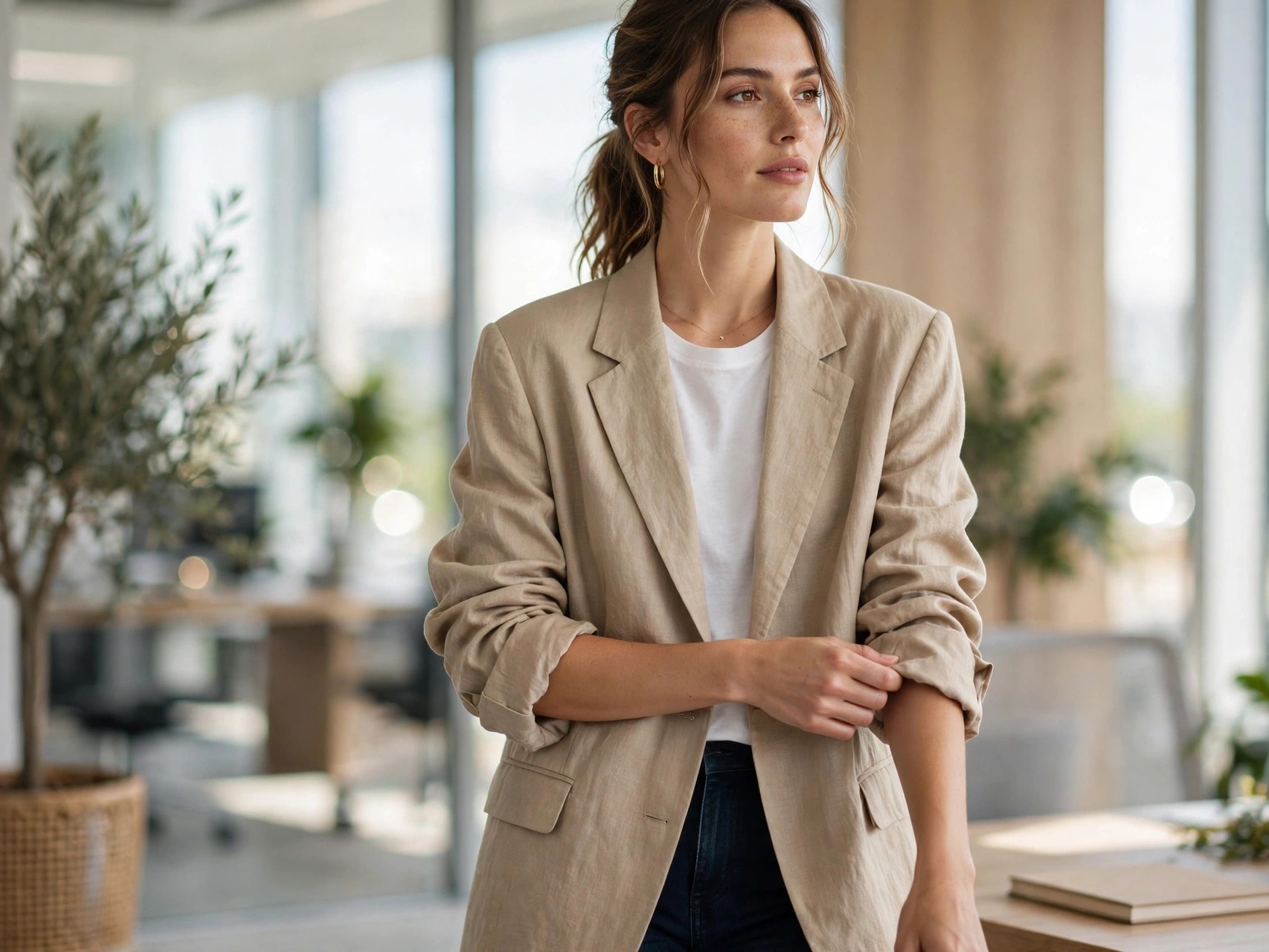 Woman styling a camel blazer over a white top and jeans for a smart business casual office look