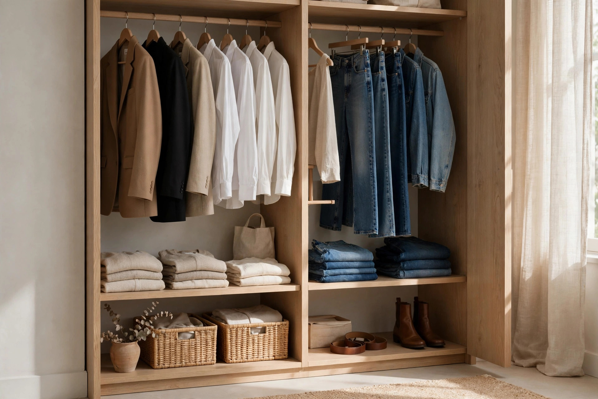 Timeless wardrobe essentials for 30-year-old women: tailored blazers, white shirts and quality denim on a clothing rack