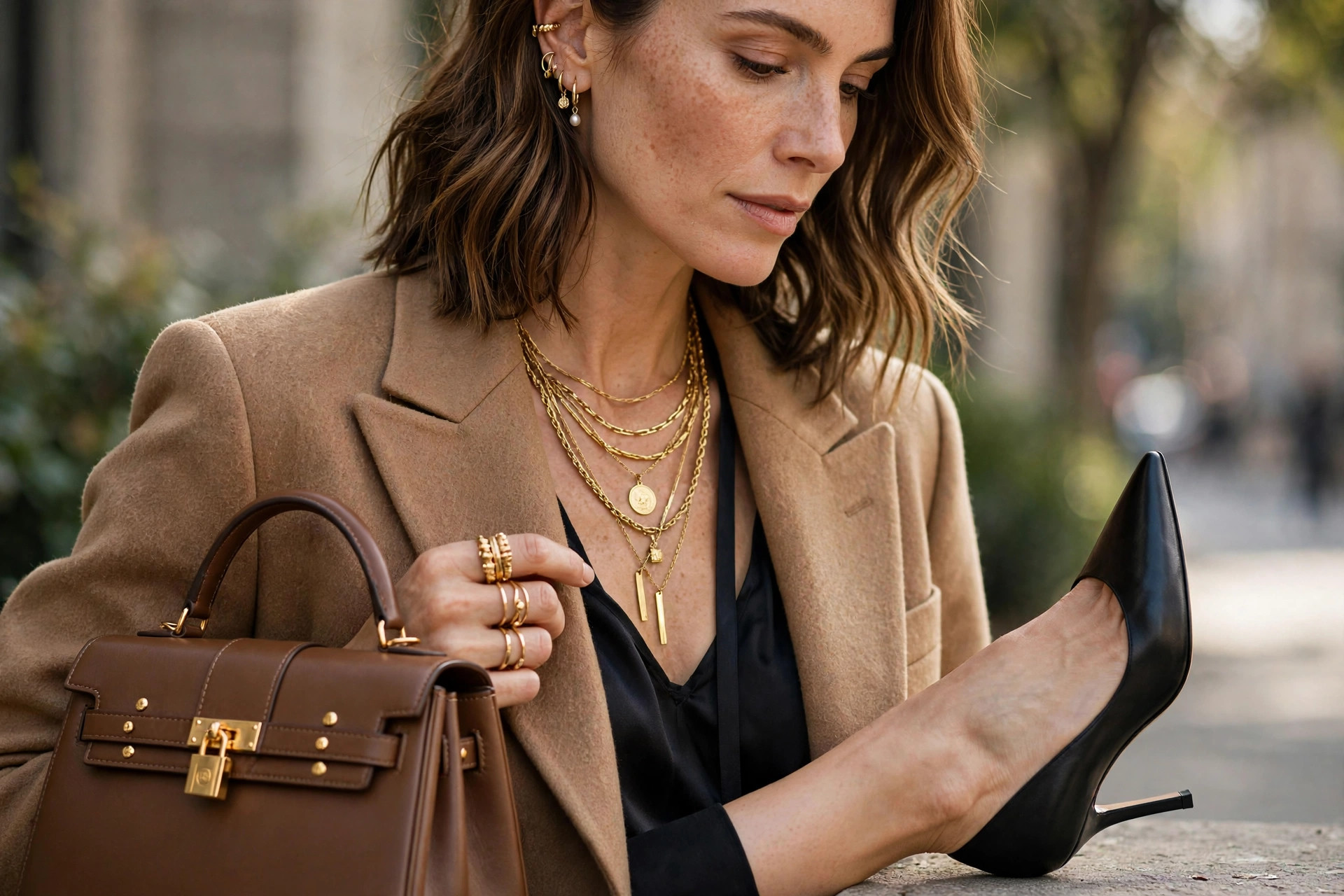 Styling details for women in their 30s: layered gold jewelry, structured handbag and pointed heels