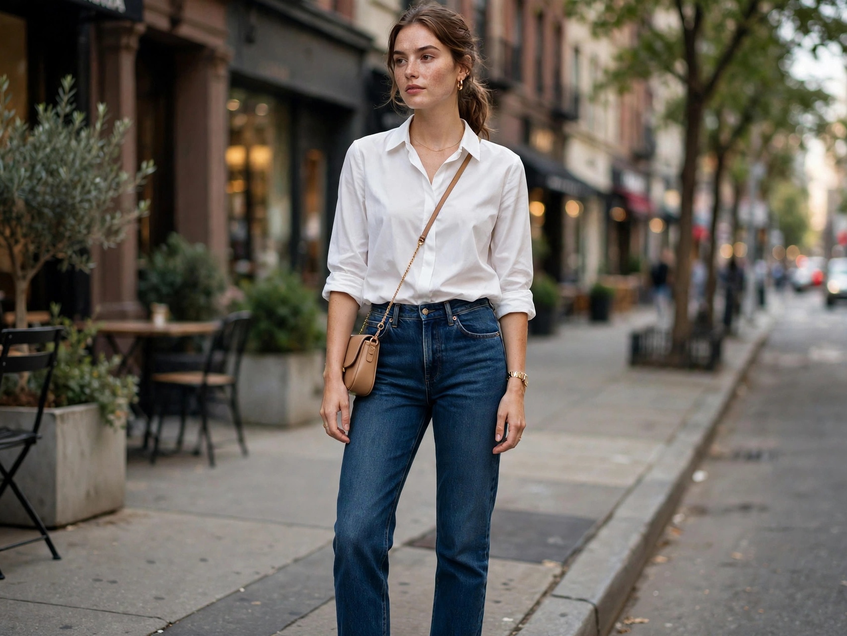 Woman in dark-wash straight-leg jeans with white sneakers and a tucked-in blouse on a city sidewalk — best fashion tips for 30-year-old women