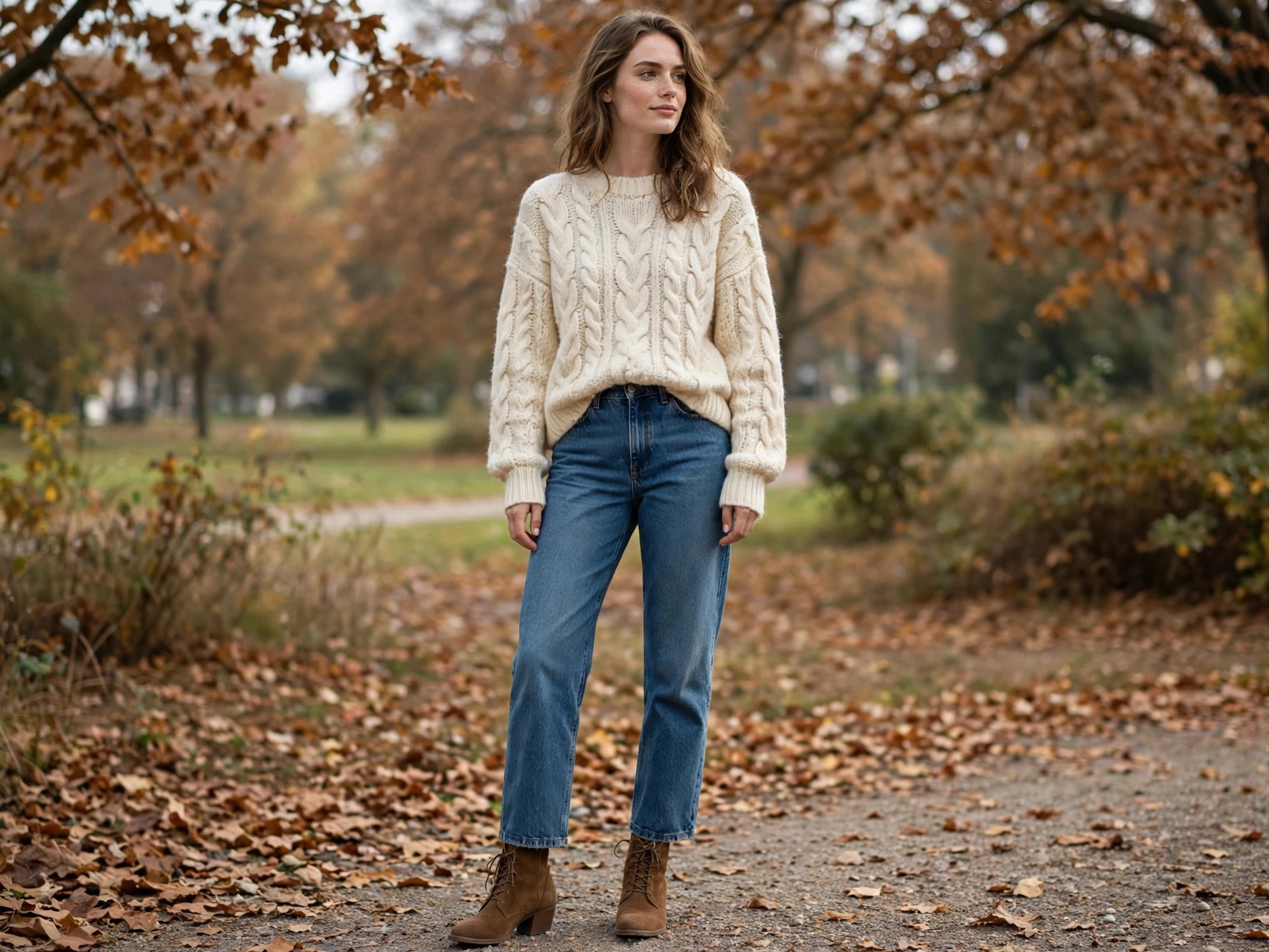 Cream neutral knit sweater with straight-leg jeans and ankle boots — cozy fall outfit idea for women in their 30s