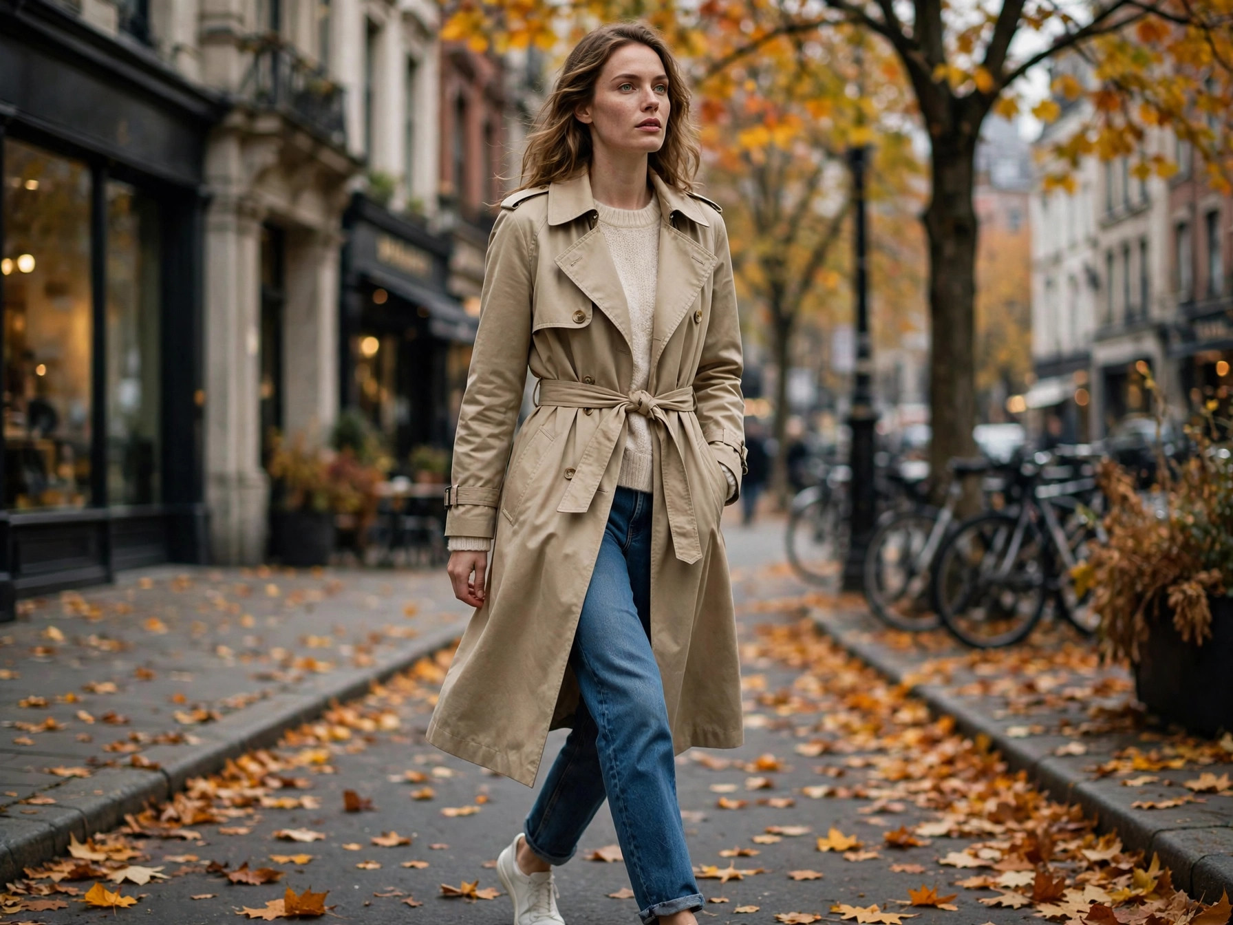 Woman in a belted classic beige trench coat over a sweater and jeans, timeless outerwear fashion tip for 30-year-old women