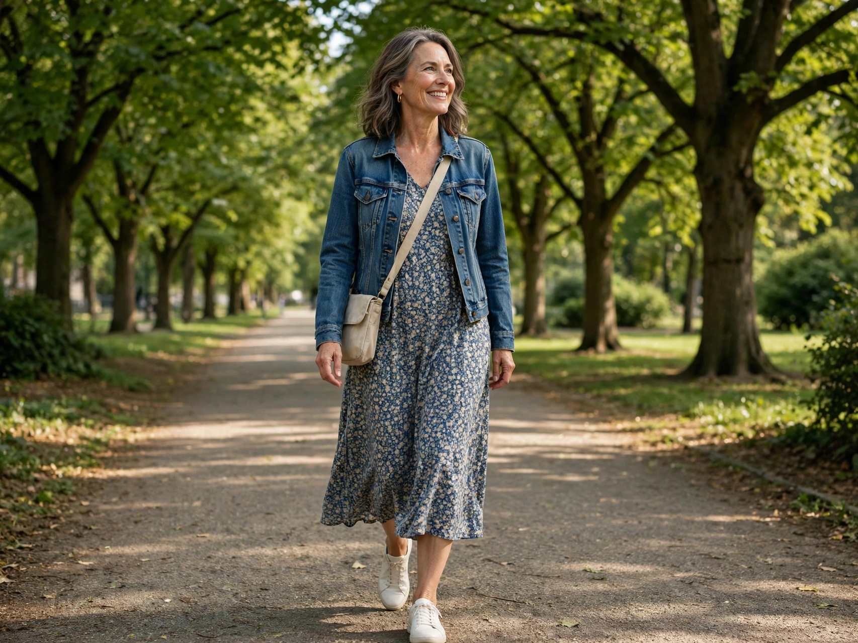 Woman over 50 in a relaxed casual outfit walking in a park