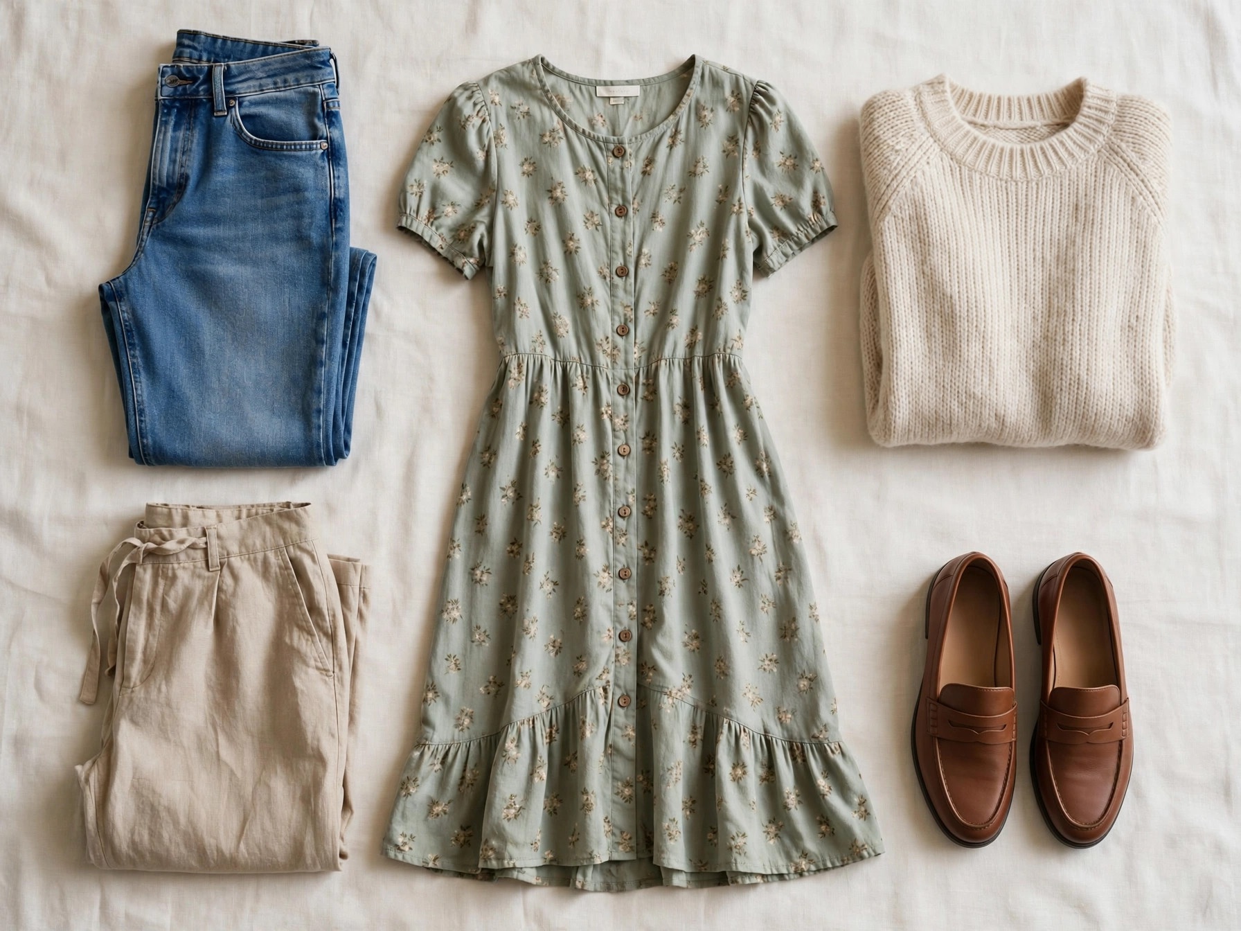 Casual outfit ideas for women over 50: straight-leg jeans with a knit sweater and a casual midi dress