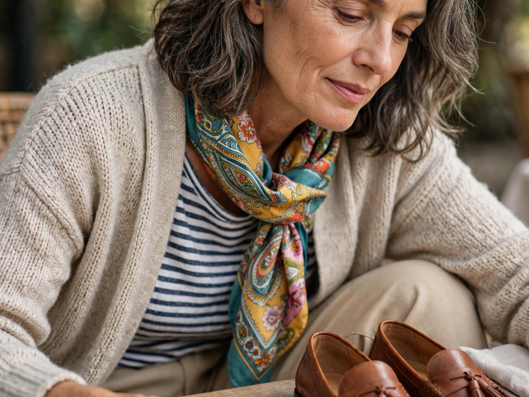 Relaxed chic styling for women over 50: layered cardigan, colorful scarf and comfortable loafers
