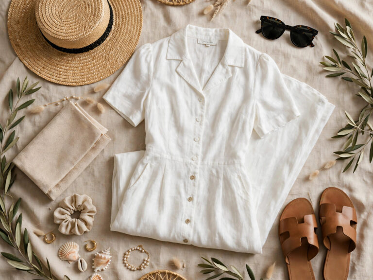 Chic vacation outfits flat lay with a white linen dress, straw hat and sandals for an elegant getaway