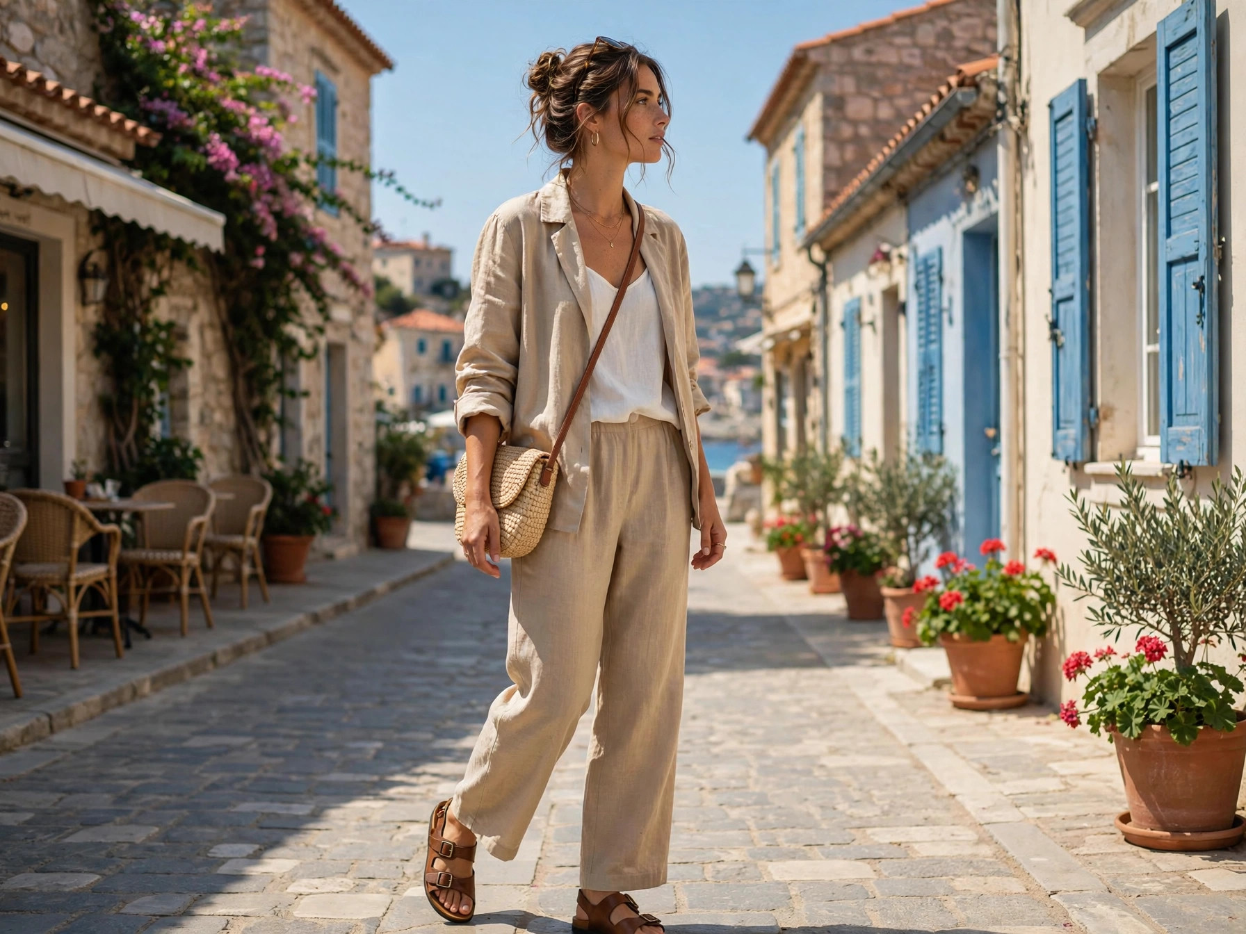 Woman in an effortless chic daytime vacation outfit exploring a sunny coastal town