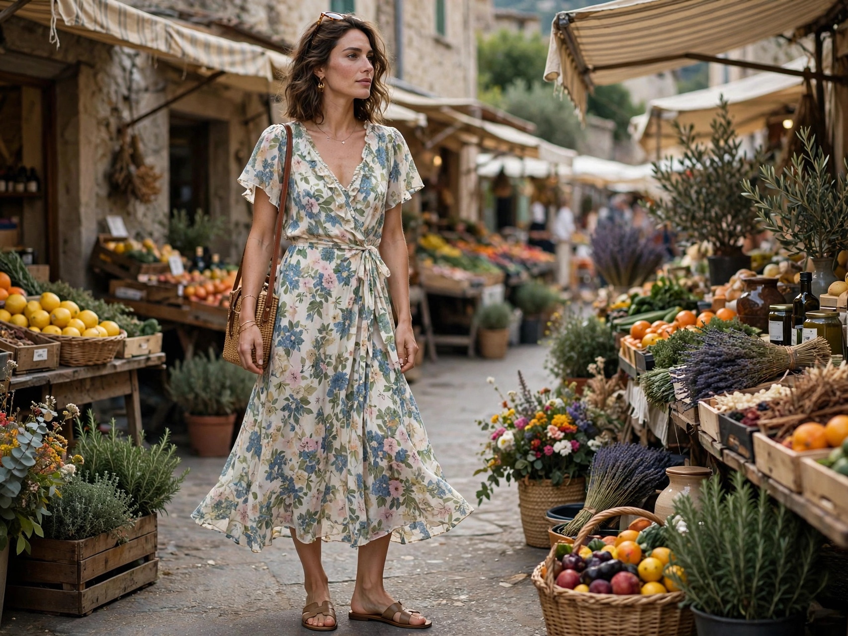 Woman in a flowy floral midi dress with flat sandals at an outdoor market — effortless chic travel look